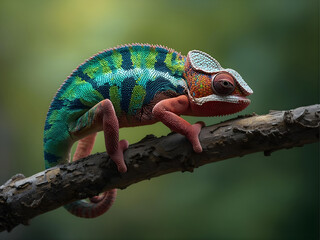 Fototapeta premium Colorful Panther Chameleon Perched on Mossy Branch in Tropical Forest Macro Wildlife Portrait
