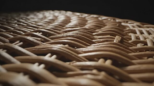Natural wicker basket weave texture with interlaced rattan pattern. Handcrafted artisan weaving technique for sustainable furniture and home decor. Traditional craftsmanship macro detail.