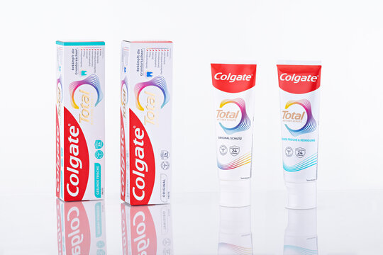 Colgate Total Active Protection Toothpaste &ndash; Original and Fresh Versions with Packaging, Studio Pack Shot on White Background, Illustrative Editorial