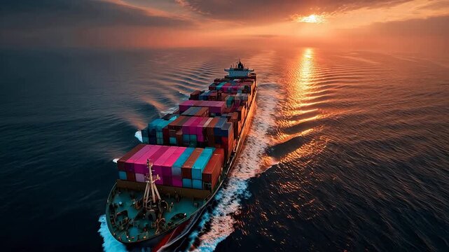 Aerial front view captures massive cargo container ship navigating deep blue ocean at sunset with stacked colorful containers and golden sun.
