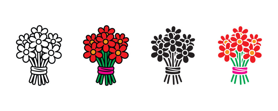 Floral flower bouquet and garden blossom icon vector. Decorative red daisy bunch for gift and celebration symbol set. Vector illustration.