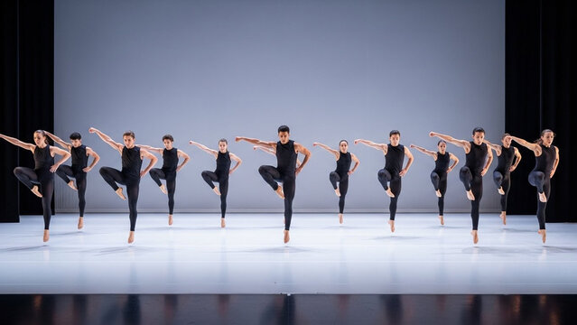 Dynamic contemporary dance ensemble performing synchronized choreography in black athletic apparel on a glossy stage against a gray backdrop