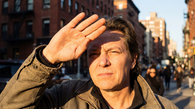 Shading eyes from the brilliant sun, a contemplative man navigates the energetic pulse of a vibrant city street