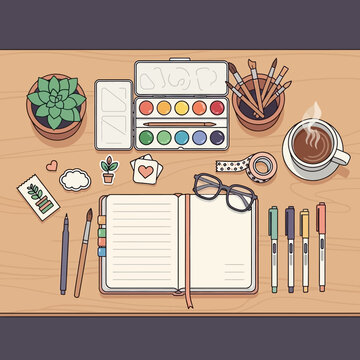 Open notebook with glasses on desk.