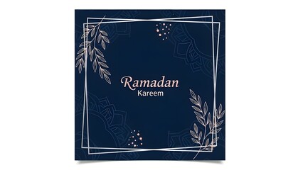 Fototapeta premium Ramadan greeting cards featuring gold geometric frames and soft pink botanical accents on navy blue background.