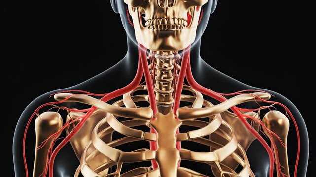 Advanced Medical Visualization showing glowing red carotid arteries and skull structure on black background. Useful for healthcare education or scientific research presentations.