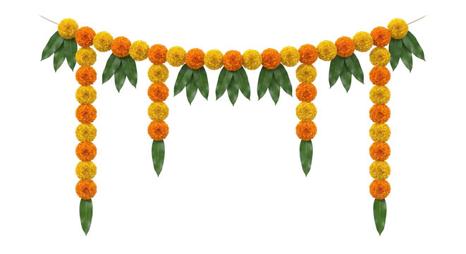 Vibrant Indian marigold flower garland with green leaves