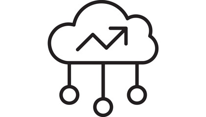 Cloud analytics icon showing rising growth arrow and connected nodes, minimalist line vector symbol for data storage, network reporting, SaaS dashboard, fintech strategy