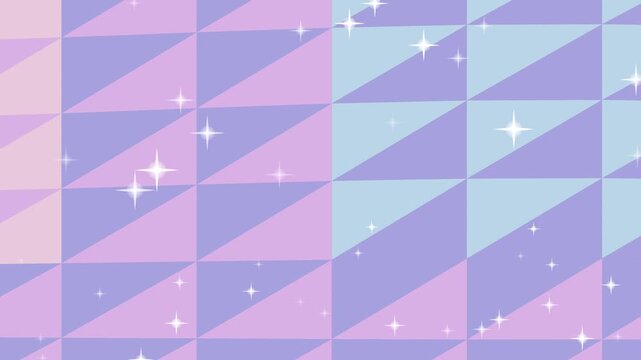 A colorful geometric pattern of triangles in pastel shades of pink, purple, and blue, adorned with sparkling white stars on a solid white background. Perfect for graphic resources,