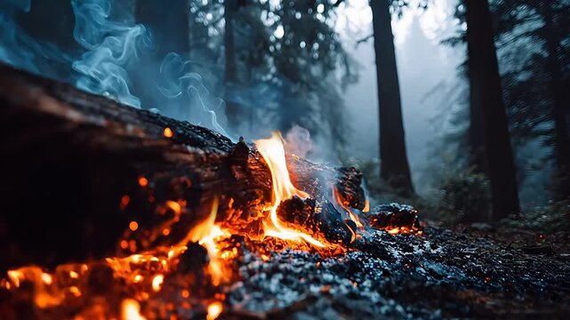 Forest floor covered in burnt logs and ash shows small flickers of orange flame burning while smoke drifts through charred trees in moody air.
