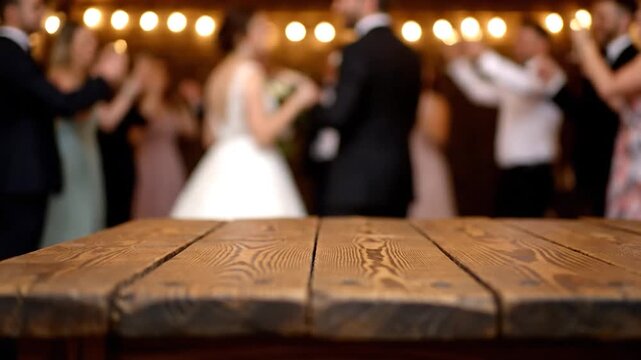 A rustic wooden table foregrounds a blurred wedding reception with dancing guests and string lights