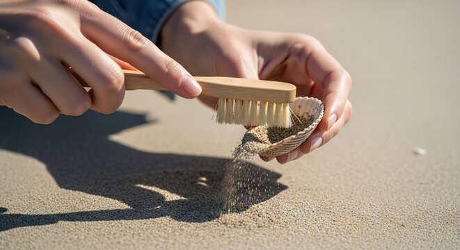 Hands Brushing Sand from a Shell on the Beach