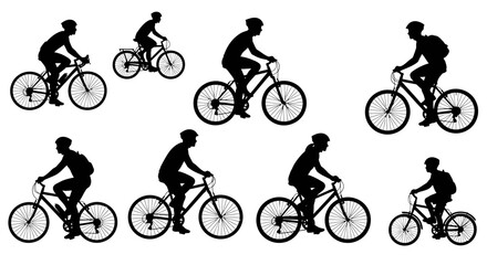 Fototapeta premium Cyclists in various poses riding bicycles from different viewpoints on a plain background
