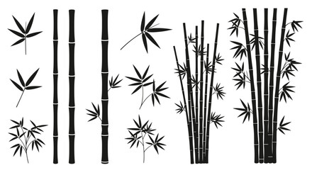 Bamboo stalks and leaves illustration in a minimalist style, showcasing various elements of the plant.