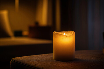 Warm candle glow illuminating a dark room, creating peaceful ambiance and relaxation for a cozy evening at home