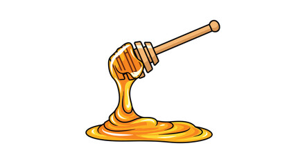 A wooden honey dipper is shown dripping golden honey into a sweet, glossy puddle on a clean white background.