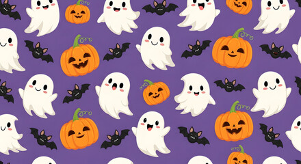 Fototapeta premium Halloween pattern with ghosts pumpkins and bats
