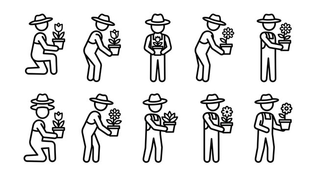 Set of gardener character icons holding potted plants and flowers in various poses, a minimalist black and white line art collection for agriculture or hobby concepts