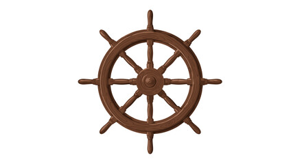 A detailed traditional wooden ship's steering wheel with spokes and central hub is positioned on a white background.