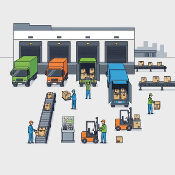 Workers loading boxes onto trucks.