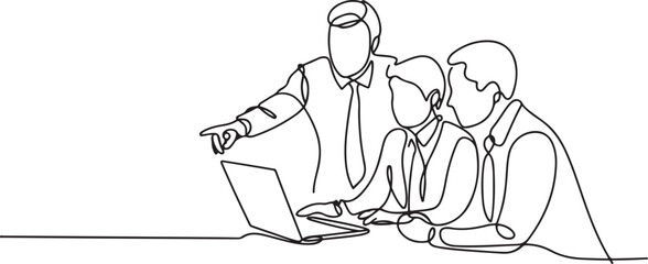 continuous line drawing of a group of business people discussing in front of a laptop.one line drawing shows business developmen.one line vector illustration with white background © MstMoushumi