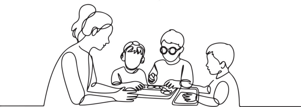 A special needs teacher conducts a developmental lesson with children with developmental disabilities, speech, hearing and vision impairments.one line vector illustration with white background