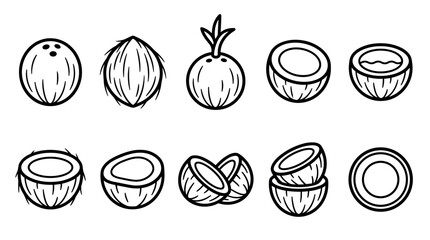 Set of coconut fruit icons in a simple black outline style, illustrating the tropical nut whole, cracked in half, with a sprout, and filled with delicious milk