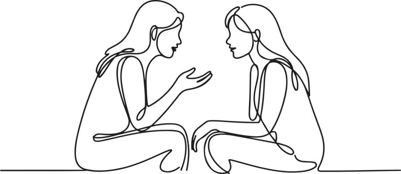 continuous line hearing a friend's outpouring. one line drawing of two women sitting and talking about life's problems.one line vector illustration with white background