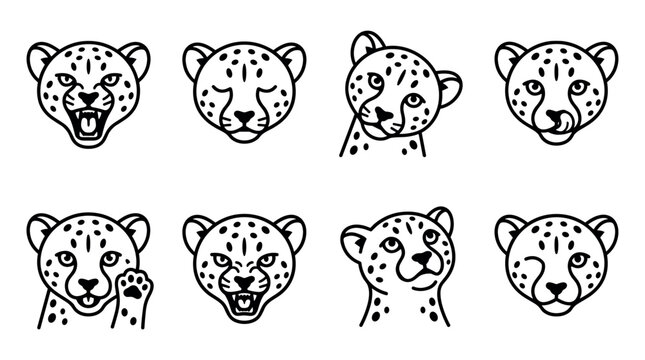 Set of eight cheetah head icons with different facial expressions and emotions, including angry, happy, and curious, drawn in a simple black and white line art style