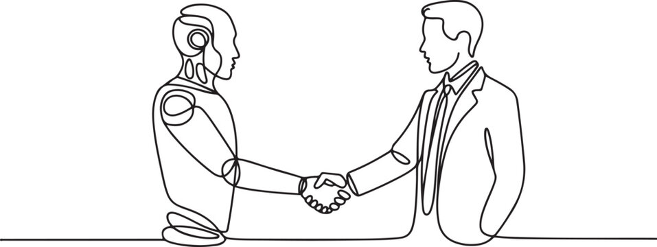 continuous line of AI robot shaking hands with business man.one line vector illustration with white background