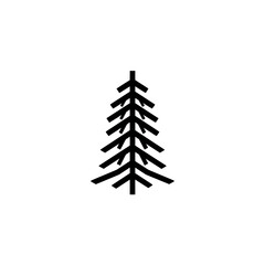 A minimalist, symmetrical fir tree illustration in solid black, centered on a white background