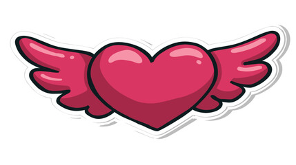 A cartoon heart with wings in shades of pink and maroon, with a white and gray outline