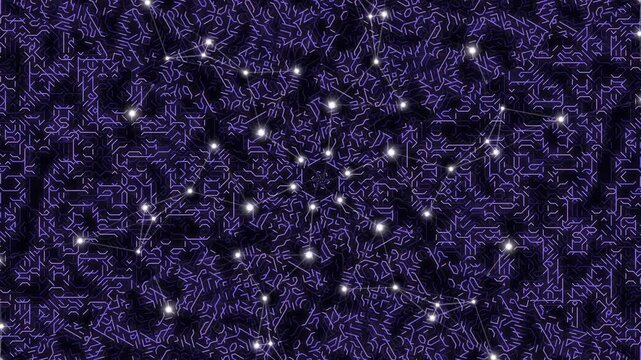 A mesmerizing purple and black abstract pattern with glowing white dots on a dark background.