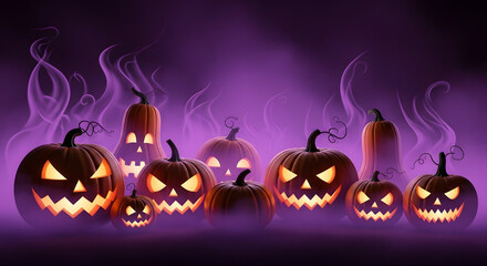 Spooky halloween pumpkins with glowing eyes and flames