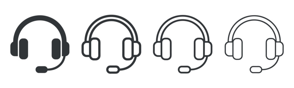 Black headset with microphone vector icon collection showing a progression from solid fill to thin outline, a symbol for support, communication, and call center assistance