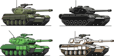 Military Tank Vector Illustration Set with Modern Armored Combat Vehicles in Multiple Color Variations for Defense and Army Design Projects © MdShakil