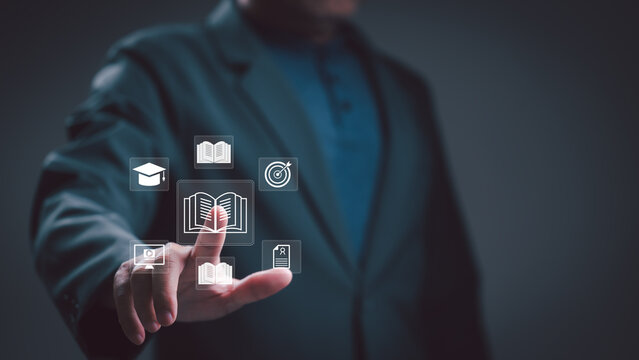 Professional business person touching virtual open book icon on digital touchscreen interface access online education, corporate training, e-learning resources global lifelong knowledge sharing,