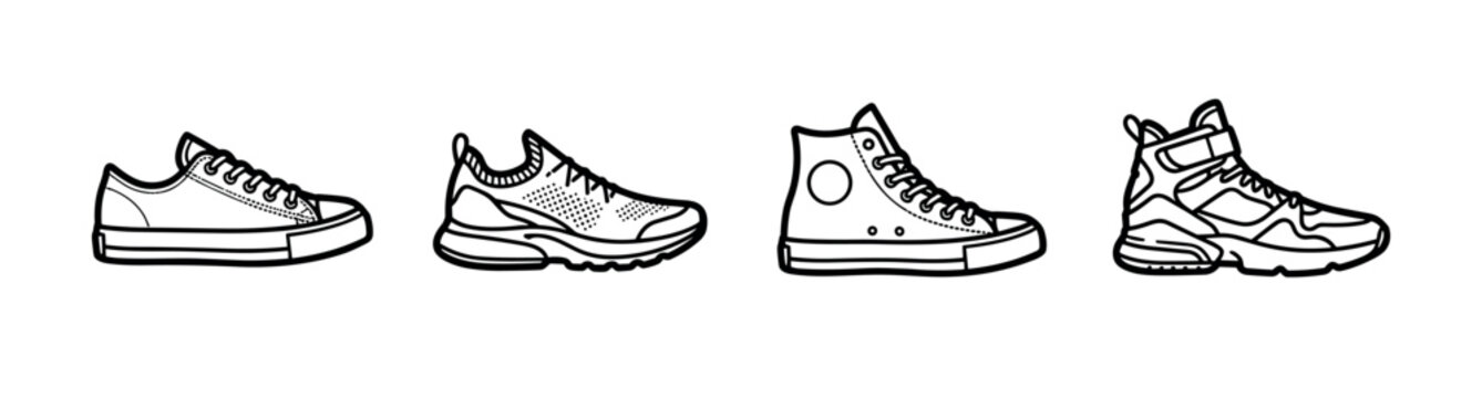 Four different types of black and white sneakers are shown in a row, featuring low-top, high-top, running, and chunky styles in a minimalist line art illustration