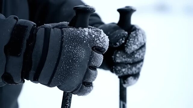 Gloved Hands Gripping Ski Poles in Snow.