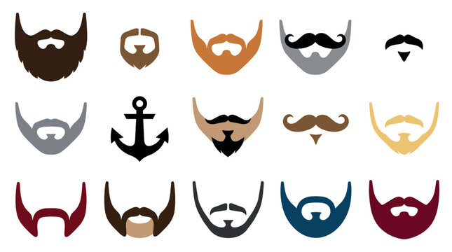 Colorful collection of various beard and mustache icons with a nautical anchor symbol in a flat vector graphic style for barbershop or hipster themes