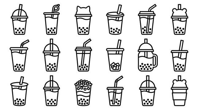 Collection of black line art bubble tea icons showing various cup designs, tapioca pearls, and straws in a minimalist vector illustration style for beverage concepts