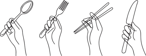 set of one line drawing of hands holding cutlery. Spoon, fork, chopsticks and table knife.one line vector illustration with white background © MstMoushumi