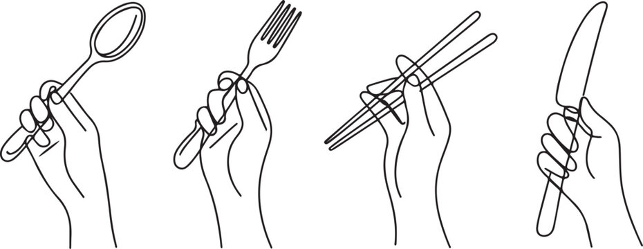 set of one line drawing of hands holding cutlery. Spoon, fork, chopsticks and table knife.one line vector illustration with white background