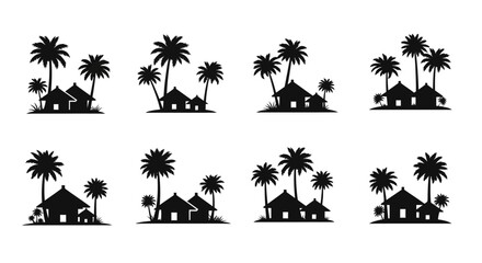 Obraz premium A collection of tropical island huts with palm trees in a minimalist black silhouette on transparent background high quality