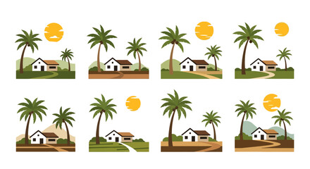 Fototapeta premium A collection of tropical island scenes with houses palm trees and suns on transparent background silhouette high quality professional