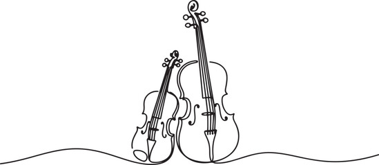 Violin and cello in one continuous line drawing. String musical instrument for orchestra and concert banner in simple linear style.one line vector illustration with white background. © MstMoushumi