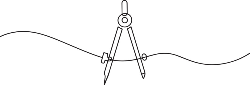 Single continuous line drawing of spring bow compass for drawing circle. Back to school minimalist style.one line vector illustration with white background