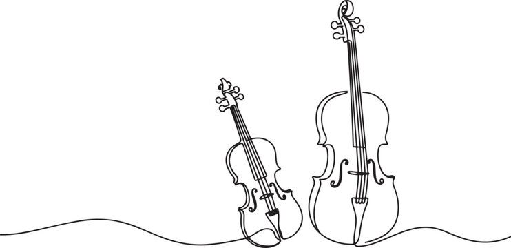 Violin and cello in one continuous line drawing. String musical instrument for orchestra and concert banner in simple linear style.one line vector illustration with white background.