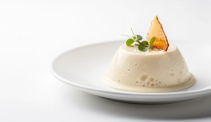 Vanilla panna cotta on white plate with mint and fruit garnish, elegant creamy dessert isolated on light background, gourmet sweet concept with copy space