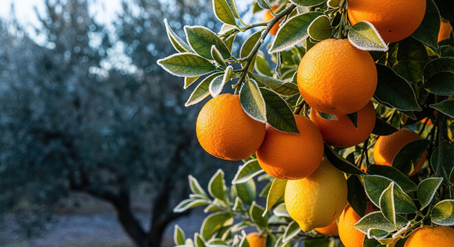 Ripe Oranges and Citrus Leaves on a Tree